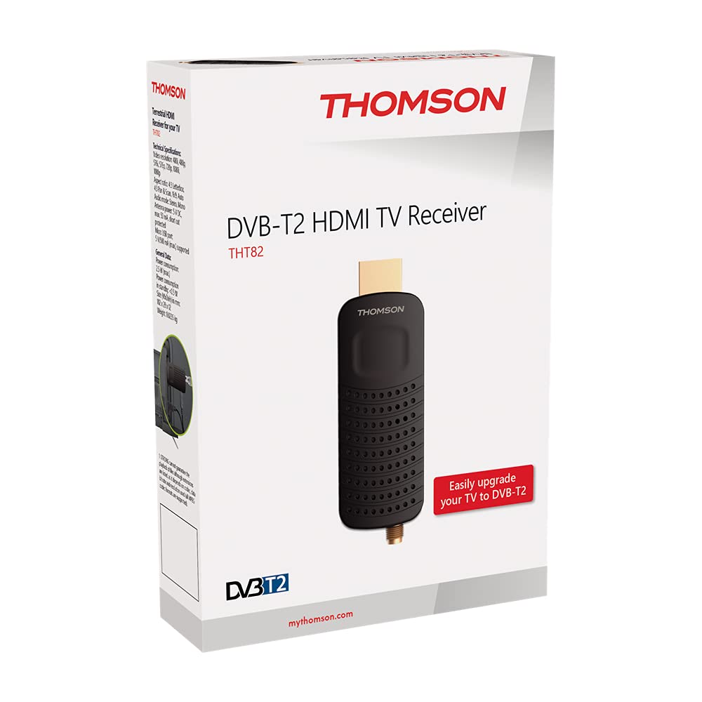 Thomson THT82 Décodeur HDMI Stick TNT Full HD|DVB-T2|Compatible HEVC265|Récepteur/Tuner TNT avec Fonction enregistreur |USB| Dolby Digital Plus|, TNT Dongle HDMI DVB-T2