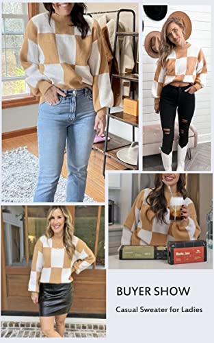 Cctoo Women's Color Block Sweaters Casual Long Sleeve Plaid Print Crew Neck Knitted Pullover Jumpers Tops Camel Small #TOP4