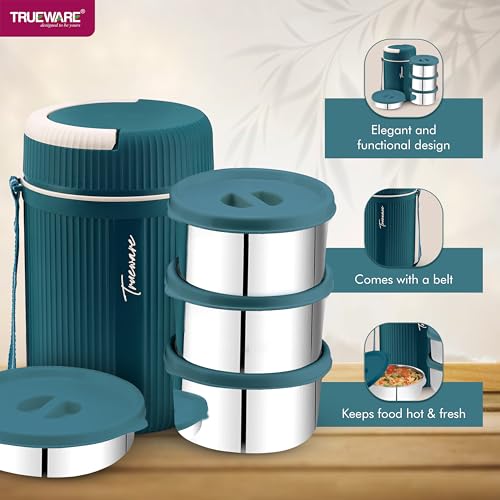 Image of Trueware GRUB 4 Double Wall Insulated Hot Lunch Box with 3 SS Container 300 ML Each & 1 SS Container 200ML | Bpa Free | Food Grade | Hot and Fresh Ma (LBI-GRB-004-Blue BAZ)