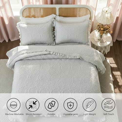 Image of BOV Stonewashed Ruffle Quilt Set, Vintage Farmhouse Bedding with Shams, Floral Cottage Style Bedspread, Soft Breathable Bedding for French Country & Shabby Chic Bedrooms