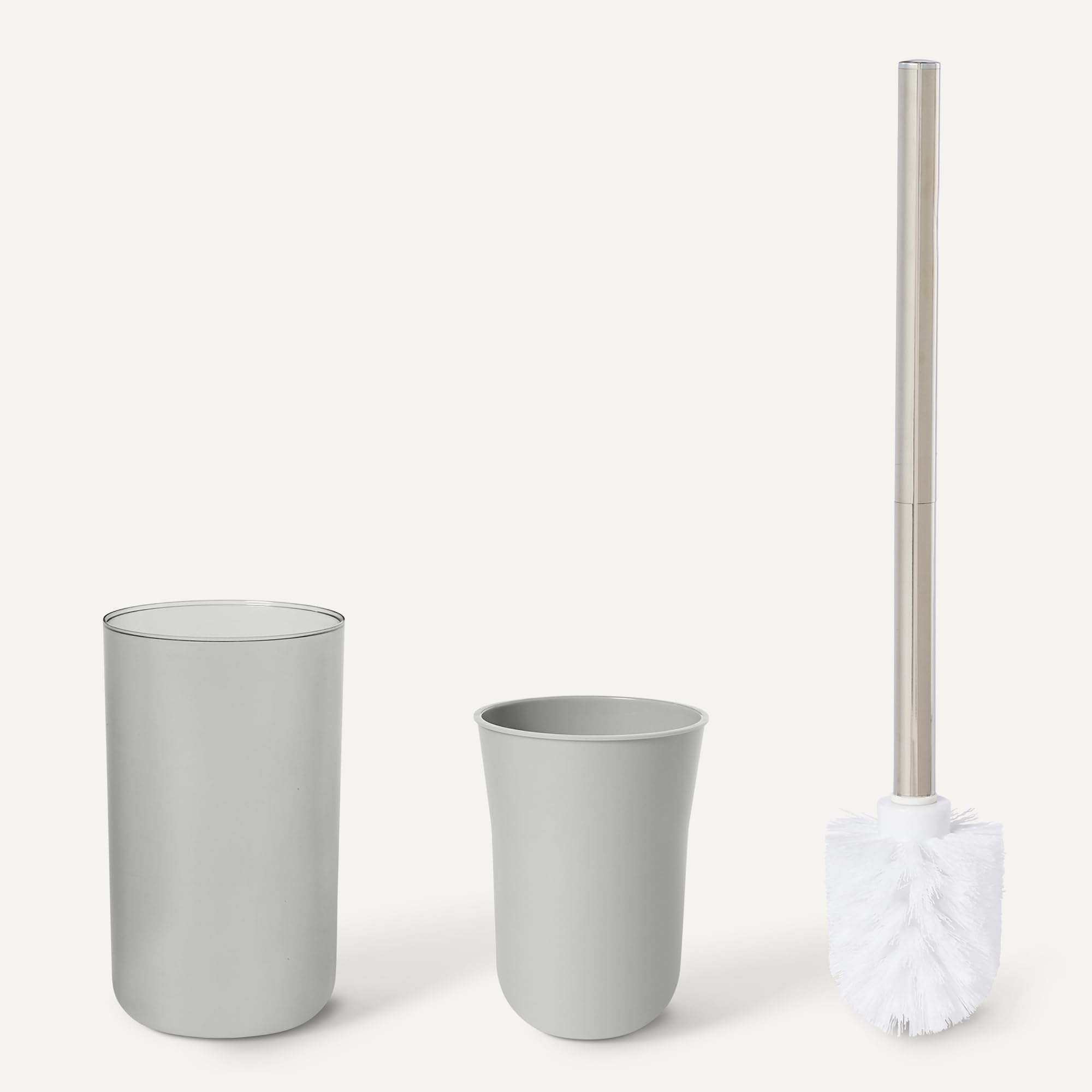 Amazon Basics, Set di Accessori da Bagno con Portaspazzolino, Dispenser di Sapone, Portasapone, Bicchiere per Spazzolino, Pattumiera, Scopino e Supporto, Grigio
