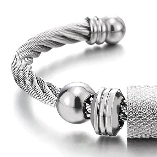 Steel Twisted Cable Cuff Bangle Bracelet for Men Women with Beads Charms, Polished Adjustable3