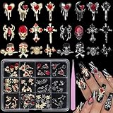 54 PCS 24Styles Halloween Nail Charms, 3D Gold Black Alloy Spider Skull Nail Rhinestones Charms Vintage Gothic Retro Nail Art Charms, Dark Cross Moon Heart Nail Gems and Charms Nail Accessories