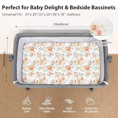 Image of Baby Bedside Bassinet Sheets Fitted Girl, 33 inchx20 inch Compatible with Baby Delight Dream On Me & Most Rectangle Bedside Sleeper Bassinet Mattresses, Super Soft Microfiber Watercolor Flower