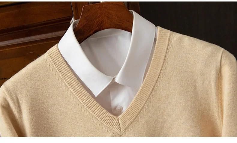 Men V-Neck Knitted Sweater Casual Long Sleeve Pullover Solid Color Loose Fit Business Crew Neck Sweater2