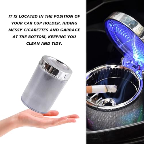 Image of Car Ashtray with lid Smell Proof, Smoke-free portable mini car trash can with LED Blue Light,Removable Stainless Steel Car Cup Holder Universal Car Interior Accessories(Colorful)