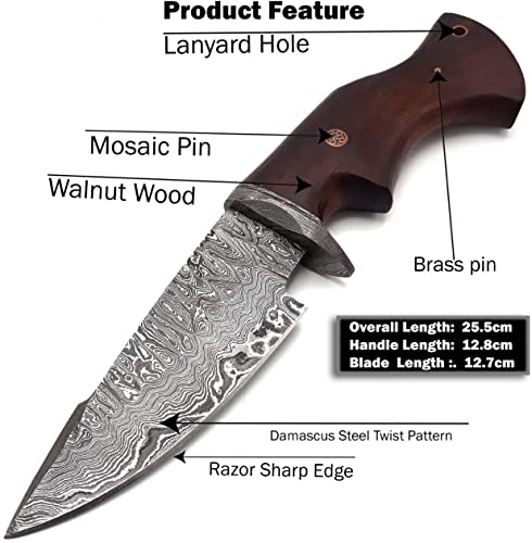 Handmade Damascus Knife For Hunting Skinning - 10 Inch Damascus Steel Hunting Knife With Sheath - Fixed Blade Camping Bushcraft Knife With Walnut Wood Handle #TOP2