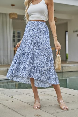 SimpleFun Women's Long Skirts Boho Floral Elastic High Waist Asymmetrical Hem Midi Skirt4