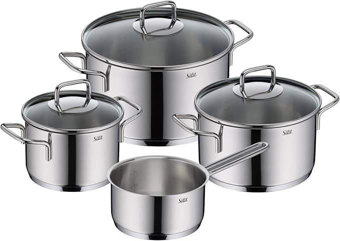 Silit Extra Cook 4-Piece Cookware Set, Saucepans 16/20/24 cm with Glass Lid, Saucepan 16 cm, Inner Scale, Wide Pouring Rim, Dishwasher Safe, Crominox Stainless Steel Pot Set