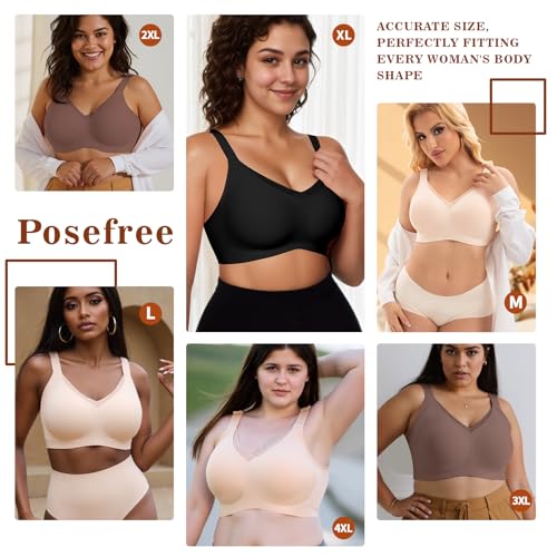 Image of PoseFree Womens Wireless Bras Supportive Tshirt Bra No Underwire Seamless Push Up V Mesh Comfortable Bralette Everyday Bras