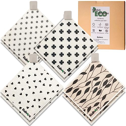 Image of Eulnars Reusable Paper Towels, 8-Pack Swedish Dishcloths for Kitchen with 3 Clips, Black White, Cotton, 200 Washes