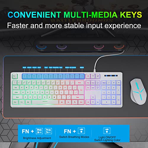 Huo Ji White Gaming Keyboard Usb Wired With Rainbow Led Backlit, Quiet Floating Keys, Mechanical Feeling, Spill Resistant, Ergonomic For Xbox, Ps Series, Desktop, Computer, Pc #TOP1