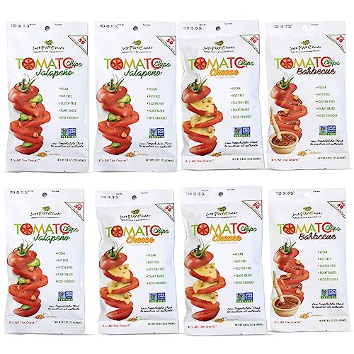 Just Pure Foods Tomato Chips 8 Pack - Tasty Crunchy Low Calorie Vegan Non Gmo Gluten Free Allergens Free Keto Paleo Nutrient Rich Never Fried, 3 Jalapeño, 3 Cheese, 2 Barbecue Bag Flavors #TOP11