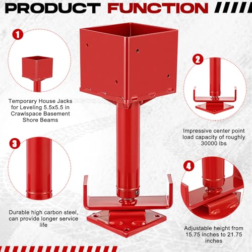 Zonon 6x6 Adjustable Screw Jack Post, 15.8" - 21.8" Height Range 30, 000 Lbs Load Capacity House Jack Post for Lifting, Floor Leveling, Basement Shore Beams, Foundation, Joist Stabilization, Red by Zonon - Image 3