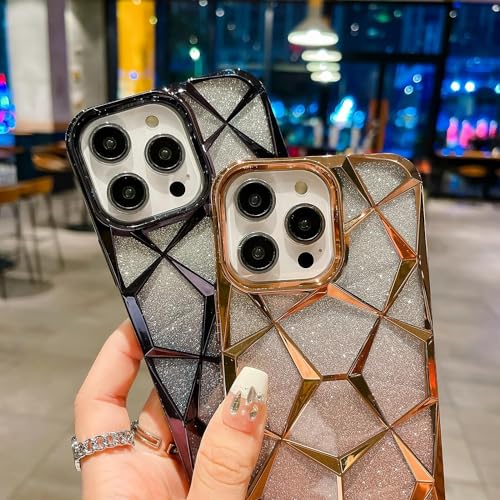 Image of VONZEE Luxury Gradient Glitter Case Compatible with iPhone 16 Pro Max, Electroplated Cube Design, Sparkling Diamond Bling Clear Back, Soft TPU Shockproof Protective Cover for Women & Girls (Gold)