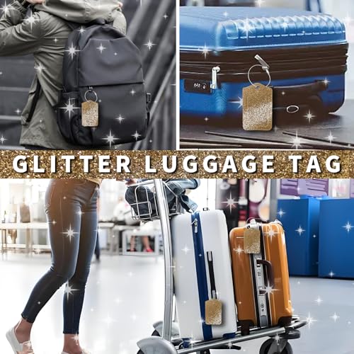2 Pcs Luggage Tags for Suitcase, Cute Unique PU Leather Travel Bag Tag with Privacy Cover ID Label Address Card and Durable Metal Ring Suitable for Men Women Backpack (Glitter Gold)3