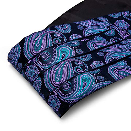 Image of YOHOWA Men Cummerbund Bow Tie Set Silk Paisley Formal Pre-Tied Bowtie Pocket Square Cufflinks Wedding Party Prom