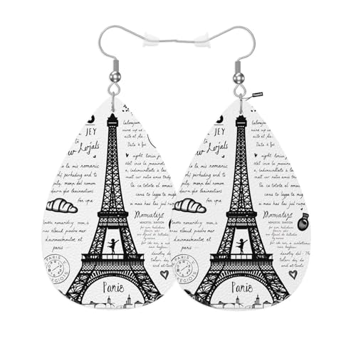 Vosach Pendientes para mujer París, retro Torre Eiffel Sketch Line Art Fashion Leather Lágrima Pendientes ligeros para mujeres y niñas nupciales