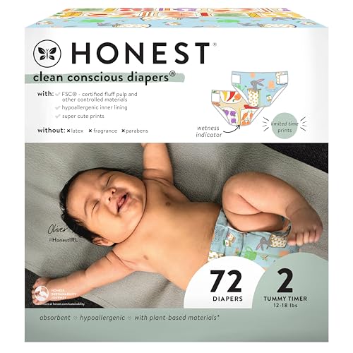 Image of The Honest Company Comfort Dry Disposable Diapers for Sensitive Skin, Hypoallergenic, Fragrance-Free, Spring '25 Seasonal Prints, Club Box, Size 2 (12-18 lbs), 72 Count
