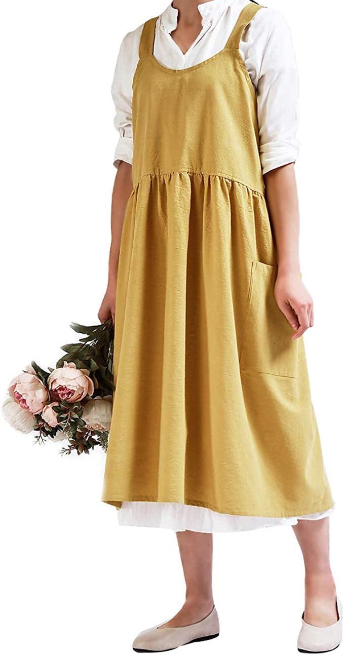 Upxiang Women Retro Literature Art Cotton Linen Cross Back Apron Flower Shop Clothing Cafe Kitchen Cooking Casual Apron