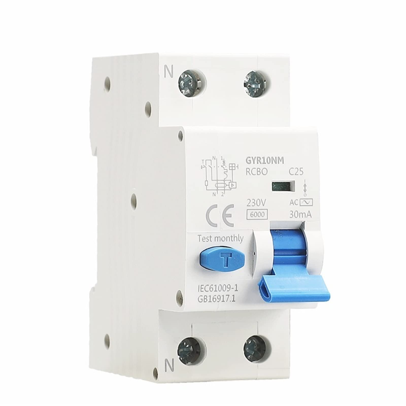 RCBO GYR10NM AC Magnetyczny wyłącznik różnicowy z zabezpieczeniem nadprądowym i wyciekiem (szyna DIN, 1 szt.) (2P 10A 30mA)