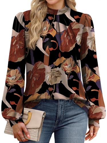 Image of WIHOLL Long Sleeve Shirts for Women Mock Neck Tops Pleated Front Blouses Dressy Casual Spring Fall Clothes 2026 Fashion