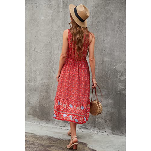 Image of BROVAVE Women Summer Bohemian Floral Print V Neck Sleeveless Sundress Flowy Casual Midi Dress