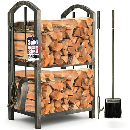 AMAGABELI GARDEN & HOME Firewood Rack Indoor with Tools 5-Piece Fireplace Tools Set Wood Holder Outdoor Wrought Iron Log Holder Firewood Storage Rack for Fireplace,Fire Pit,Wood Stove Bronze