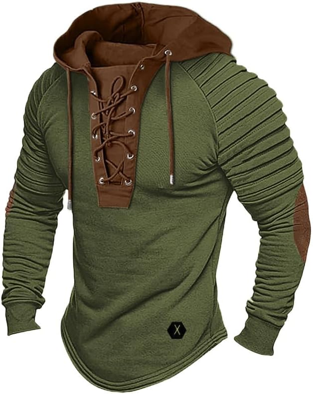 ShallWe Men's Henley Shirt Hooded Long Sleeve Lace Up Vintage Solid Casual T-Shirt Tactical Patchwork Western Tee Sports Army Green, Large - Image 4