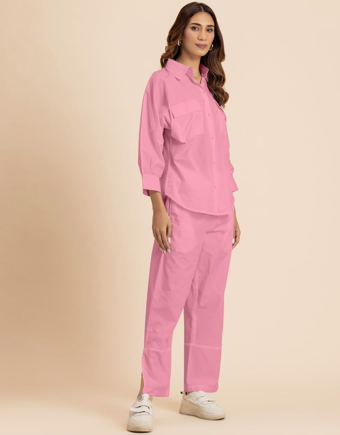 Moomaya Solid 2 Pcs Cotton Co-Ord Set, Everyday Wear Long Shirt With Pants