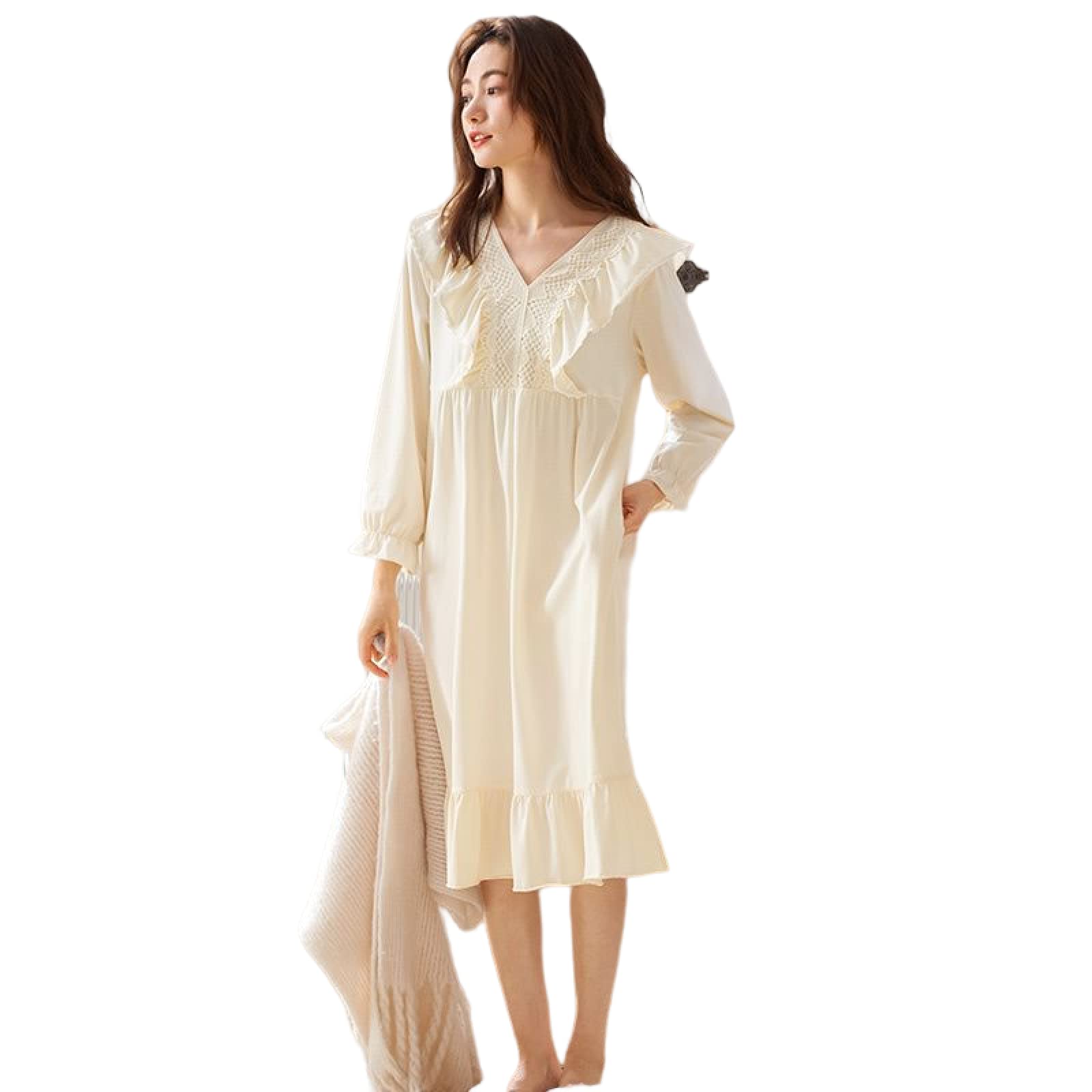 OFFSUM Camicia da Notte Donna - Primavera Autunno Camicia da Notte A Tinta Unita Elegante Camicia da Notte in Pizzo con Scollo A V di Alta qualità Principessa Plus Size Lingerie