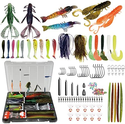 Fishing Lures Kit Set for Freshwater Bait Tackle Box Including Soft Plastic Baits Offset Worm Hooks Tungsten Weights Jig Skirts Fishing Accessories Gear for Bass Trout Salmon Free/Texas/Carolina Rig
