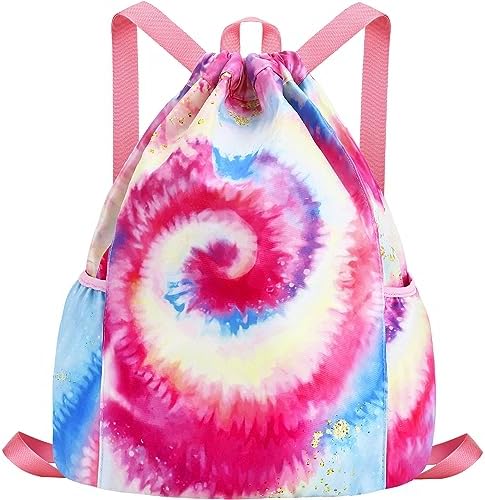 Drawstring Backpack for Kids – Girls Dance Bag,Sport Gym Beach Swim Travel Daypack With Two Water Bottle Holder