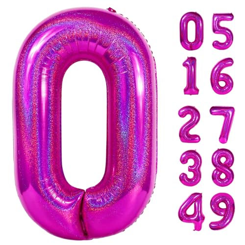 Image of Laser Hot Pink Number Balloon 40 Inch, 0 Number Balloons, 10 20 30 40 50 Numbers Balloon Birthday Decorations, Party Supplies for Women