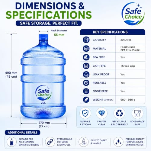 Image of Plastic Water Bottle - 20L, Mineral Water Dispensers Jar | Drinking Water Can | Big Water Bottle BPA Free Water Bottle Large Container With Thread Cap (BLUE)