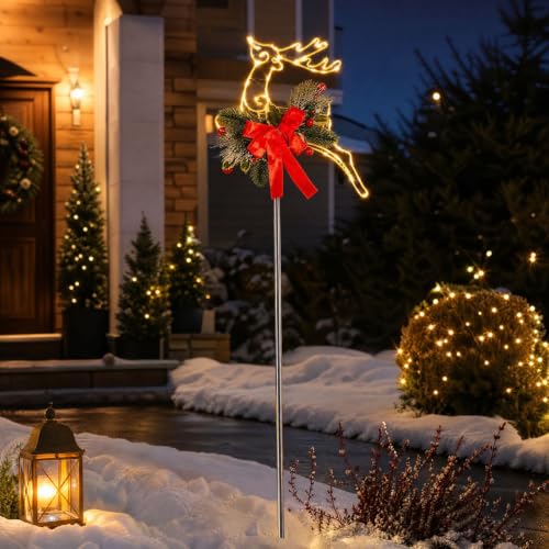 Gold Lighted Reindeer Light Outdoor with Bow, Solar Christmas Garden Lights - image 5
