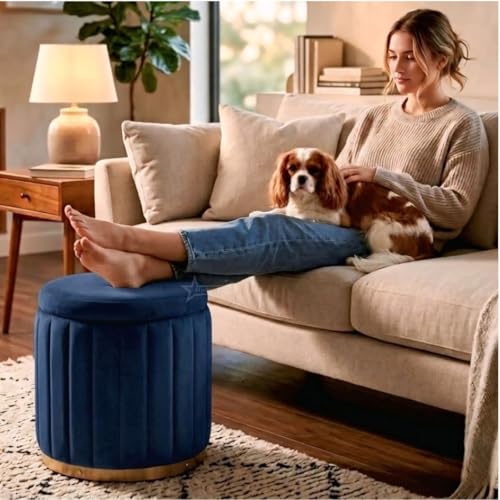 Image of Superior Round Storage Ottoman Stool 13 X 13X 16 inch, with Gold Metal Base | Elegant Pouffe with Secret Storage | Cushioned Footrest for Living Room, Bedroom, and Lounge Blue