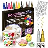 CAwished 12 Farben Keramik Bemalen Set – Porzellanstifte Spülmaschinenfest Inklusive Kreativen Graffiti-Schablonen Für Porzellan, Keramik & Glas