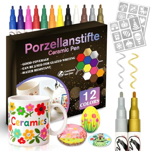 CAwished Coffret de peinture céramique 12 couleurs – Feutres pour porcelaine compatibles lave-vaisselle, incluant des pochoirs graffiti créatifs pour porcelaine, céramique et verre