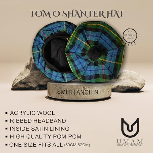 Image of Scottish Tam O' Shanter Hat Tartan Bonnet Pom Pom Wool Flat Cap One Size