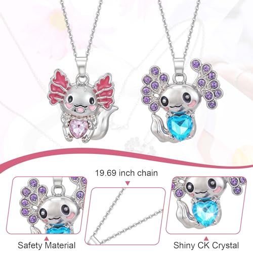 2Pcs Cute Axolotl Necklace Metal Axolotl Crystal Pendant Necklaces 19 Inch Unisex Rhinestone Necklace Charm Good Lluck Jewelry Cute Animal Jewelry Gift(Blue Pink)3
