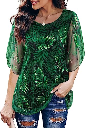 Sese Code Chiffon Blouses For Women Business Casual Shirts Crew Neck Blusas De Mujer Elegantes Formal Blouses Floral Tops Bell Sleeve Summer Clothes Green Leaf M #TOP2