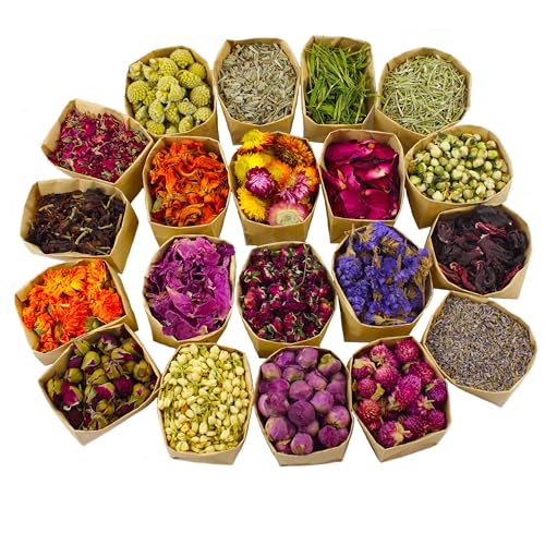 20 Pack*0.28oz Organic Dried Flowers|Linen Bag&Bamboo Clamp,Gluten-Free,Candle Soap Making,Lavender,Pink Rose,Jasmine and More