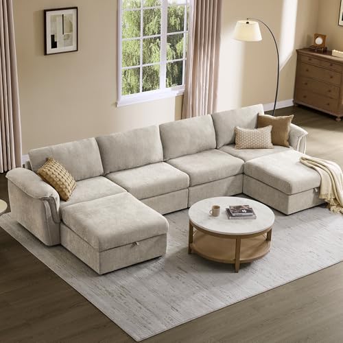 Image of CHITA Extra Large Sectional Couches for Living Room, U Shaped Cloud Modular Sectional Sofa with Chaise, Ottoman with Storage, 4 Seater U Shaped Sectional Couch, Chenille in Taupe