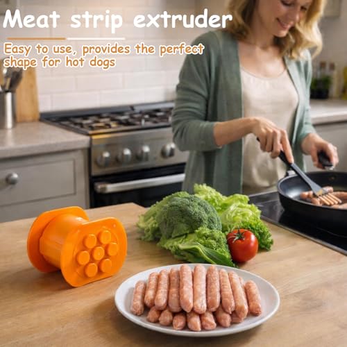Cevapcici Presse,Hot-Dog-Presse – Manuelles Hot-Dog- Und Wurstform-Set,7-Loch-Hot-Dog-Form, Diy-Küchenutensil,Hot-Dog-Maschine Mit Fleischstreifenextruder (Orange)
