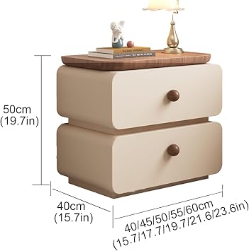 Wood Bedside Table, Mid Century Modern Night Stands with 2 Drawers and Silent slides, Fully Assembled, Side Table Storage Cabinet with Rounded handles for Bedroom, Living Room(50cm)