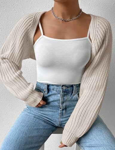 Image of Plus Size Women's Long Sleeve Open Front Crop Cardigan Drop Shoulder Shrug Oversized Ribbed Knit Bolero Sweater