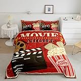 Erosebridal Vintage Movie Theater Comforter Set for Kids Boys Girls,Grunge Red Cinema Popcorn Duvet Insert,Filmstrip Printed Quilt Queen,Cinema Ticket Film Bedding Set with 2 Pillowcases
