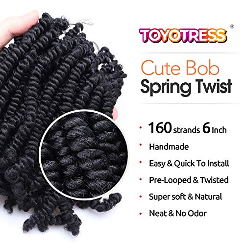 Toyotress Bob Spring Twist Hair - 6 Inch 8 Packs Pre-Twisted Kids Crochet Hair Spring Twists Crochet Braids, Synthetic Braiding Hair Extensions (6 Inch, 1B) #TOP1