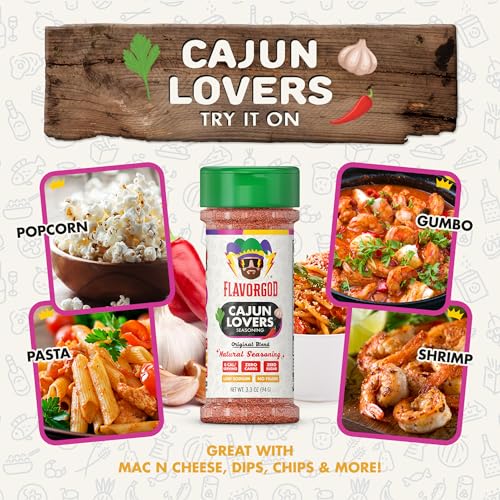 Image of Flavor God 2 Bottles Cajun Lovers Seasoning Mix Natural Healthy Spice Blend For Grilling Chicken, Beef, Seafood, Vegetables, Salad, Tacos & Pizza, Kosher, Gluten & Dairy Free, Vegan Keto Friendly